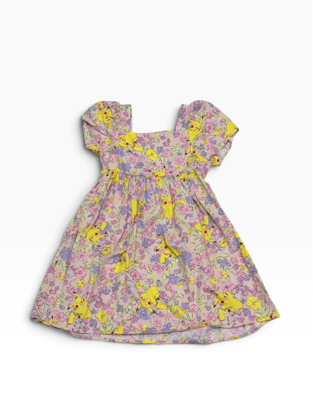 Girls Pokemon Casual Dress Size L 10/12 Pink Yellow Floral Pikachu Print